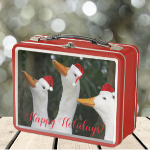 Funny White Ducks Wearing Red Santa Caps Holiday Metal Lunch Box