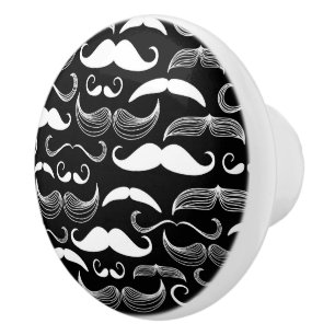 Funny White Moustache Design on Black Ceramic Knob