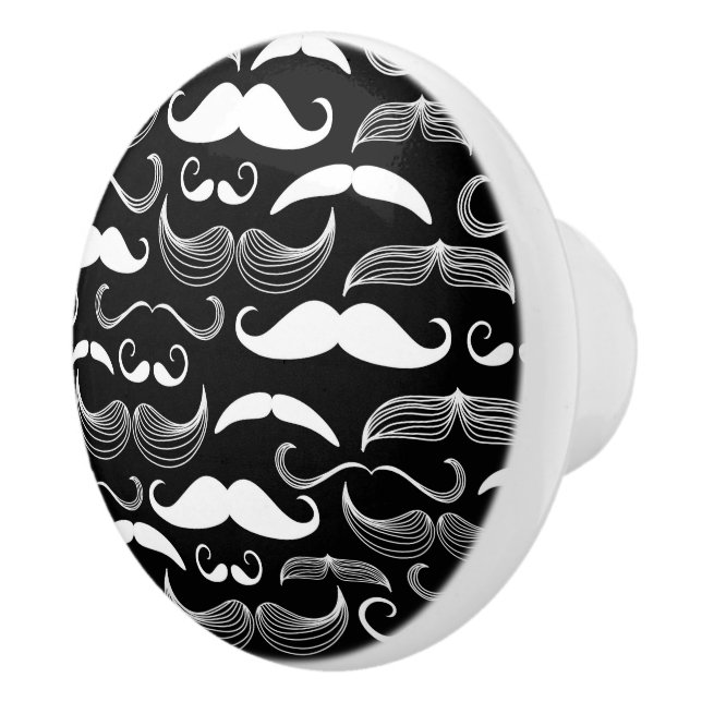 Funny White Moustache Design on Black Ceramic Knob (Right)