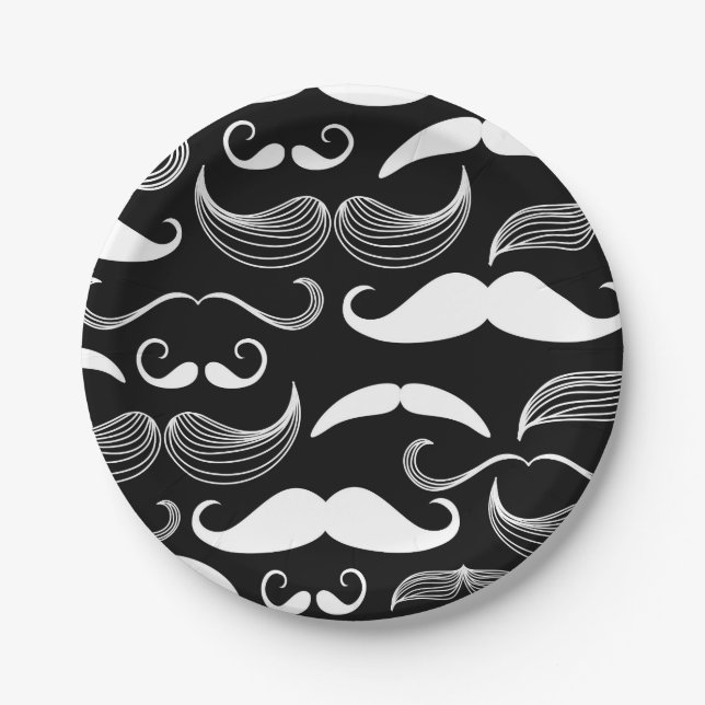 Funny White Moustache Design on Black Wall Decal Paper Plate (Front)