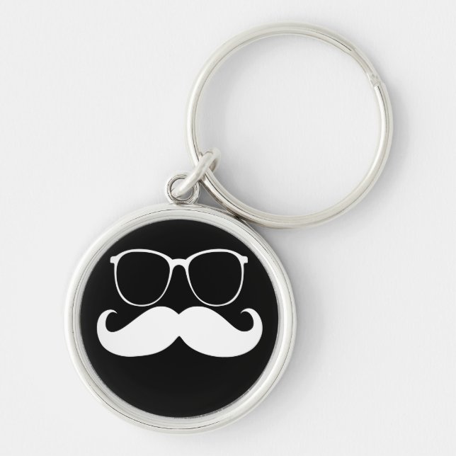 Funny White Moustache Glasses on Black Background Key Ring (Front)