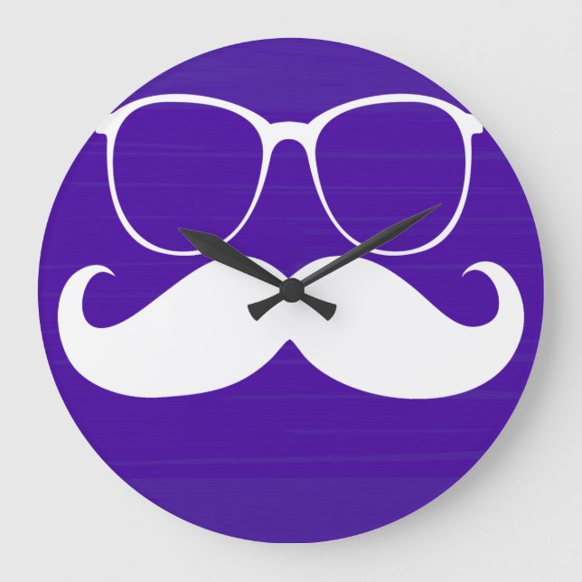 Funny White Moustache Glasses on Purple Background Large Clock (Front)