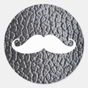 Funny White Moustache On Black Leather Pattern Classic Round Sticker
