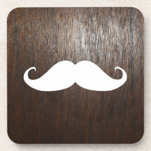 Funny White Moustache on oak wood background Coaster