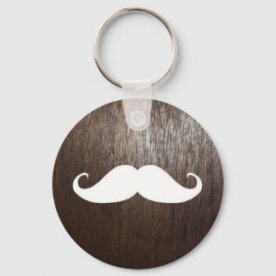 Funny White Moustache on oak wood background Key Ring