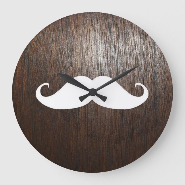 Funny White Moustache on oak wood background Large Clock (Front)