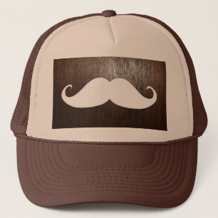 Funny White Moustache on oak wood background Trucker Hat