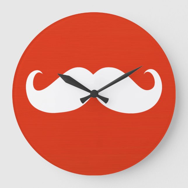 Funny White Mustache on Orange Red Large Clock (Front)