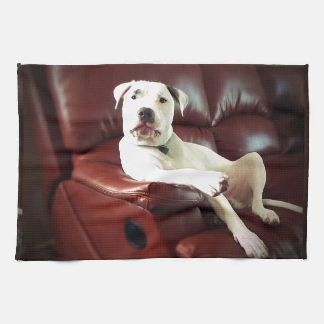 funny white pit bull dog on the couch tea towel (Horizontal)