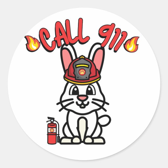 Funny White rabbit is a firefighter  Classic Round Sticker (Front)