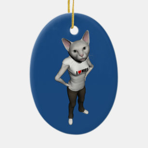 Funny White Siamese Cat Loves Mice Ceramic Ornament