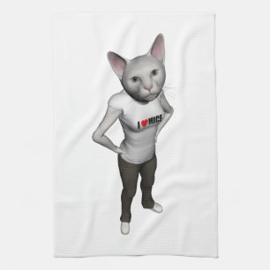 Funny White Siamese Cat Loves Mice Tea Towel