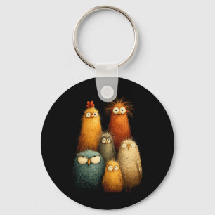 Funny Wide Eyed Cartoon Birds Art For Chicken Love Key Ring