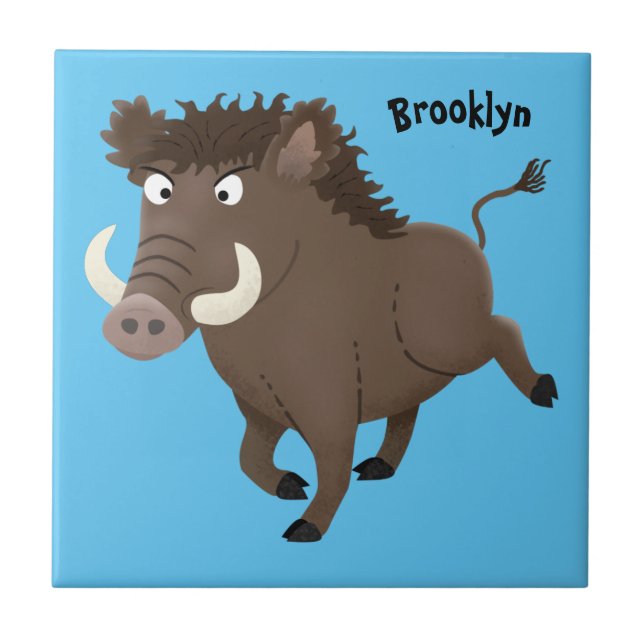 Funny wild boar razorback cartoon illustration ceramic tile (Front)