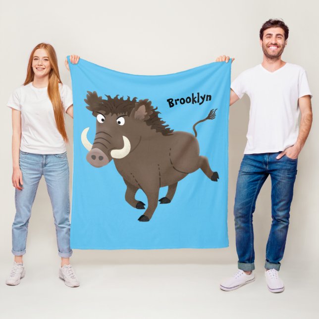Funny wild boar razorback cartoon illustration fleece blanket (In Situ)
