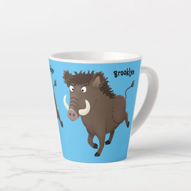Funny wild boar razorback cartoon illustration latte mug (Right Angle)