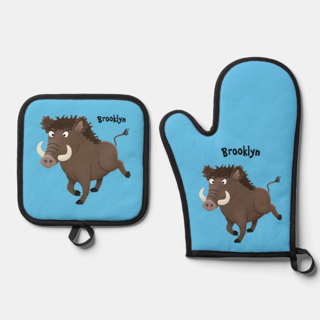 Funny wild boar razorback cartoon illustration oven mitt & pot holder set (Front)
