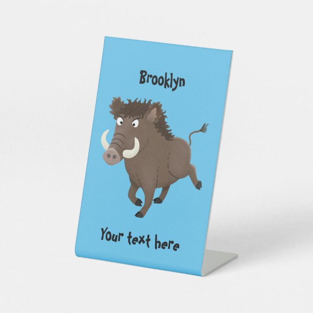 Funny wild boar razorback cartoon illustration pedestal sign (Front)