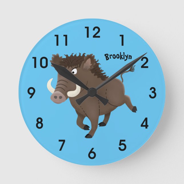 Funny wild boar razorback cartoon illustration round clock (Front)