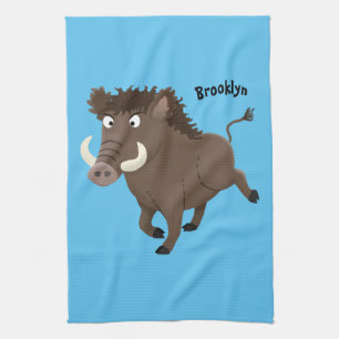 Funny wild boar razorback cartoon illustration tea towel