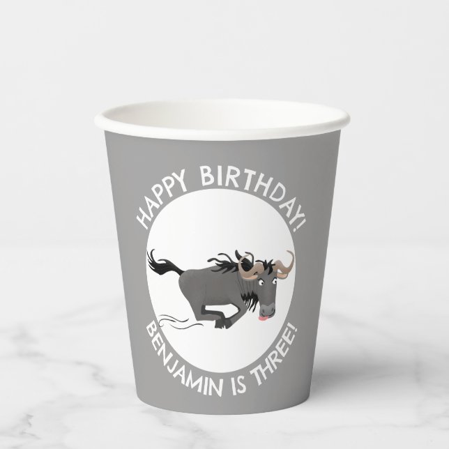 Funny wildebeest personalised cartoon birthday paper cups (Front)