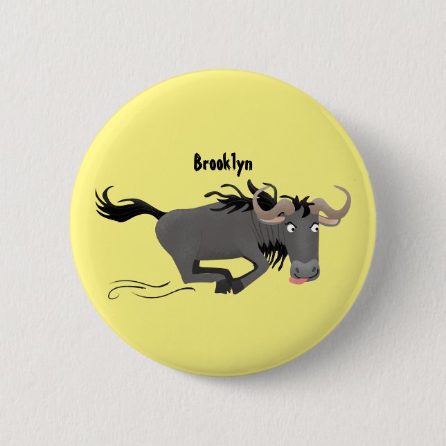 Funny wildebeest running cartoon illustration 6 cm round badge (Front)
