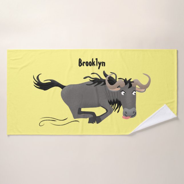 Funny wildebeest running cartoon illustration bath towel set (Bath Towel)