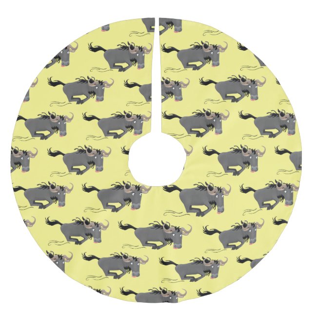 Funny wildebeest running cartoon illustration  brushed polyester tree skirt (Front)