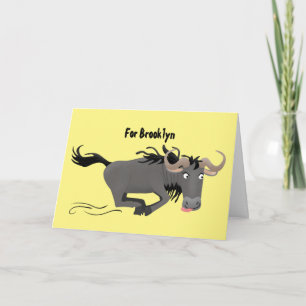 Funny wildebeest running cartoon illustration card