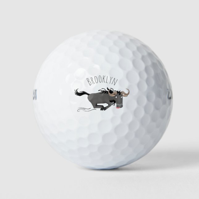 Funny wildebeest running cartoon illustration golf balls (Front)