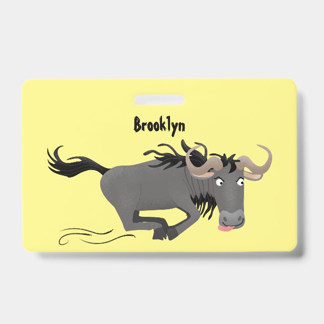 Funny wildebeest running cartoon illustration ID badge (Front)