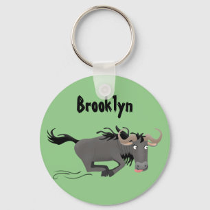 Funny wildebeest running cartoon illustration key ring