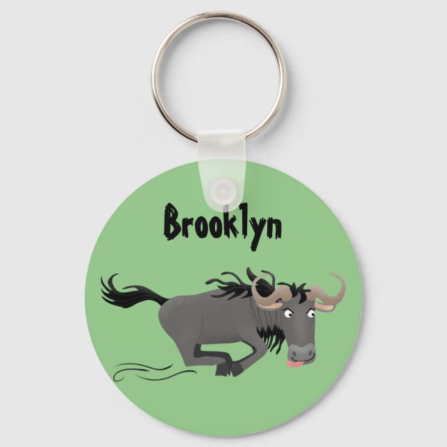 Funny wildebeest running cartoon illustration key ring (Front)