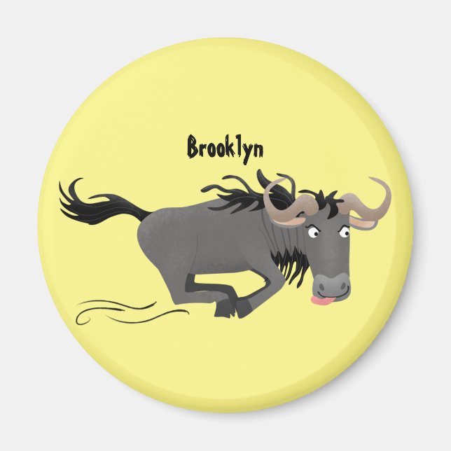Funny wildebeest running cartoon illustration magnet (Front)