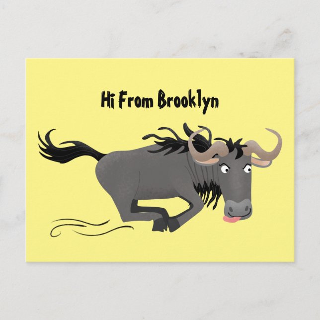 Funny wildebeest running cartoon illustration postcard (Front)