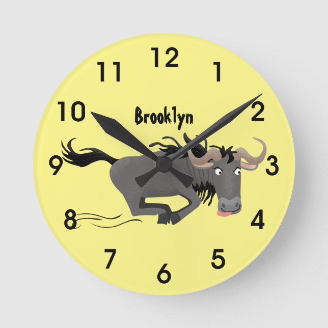 Funny wildebeest running cartoon illustration round clock (Front)