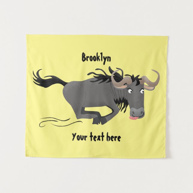 Funny wildebeest running cartoon illustration tapestry (Front (Horizontal))