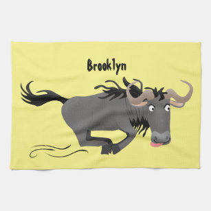 Funny wildebeest running cartoon illustration tea towel