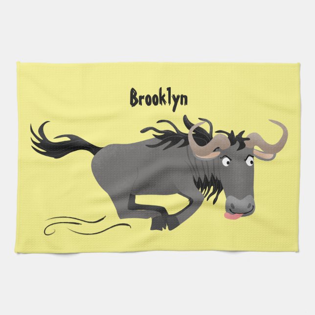 Funny wildebeest running cartoon illustration tea towel (Horizontal)