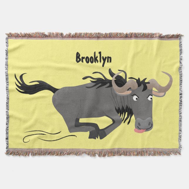 Funny wildebeest running cartoon illustration throw blanket (Front)