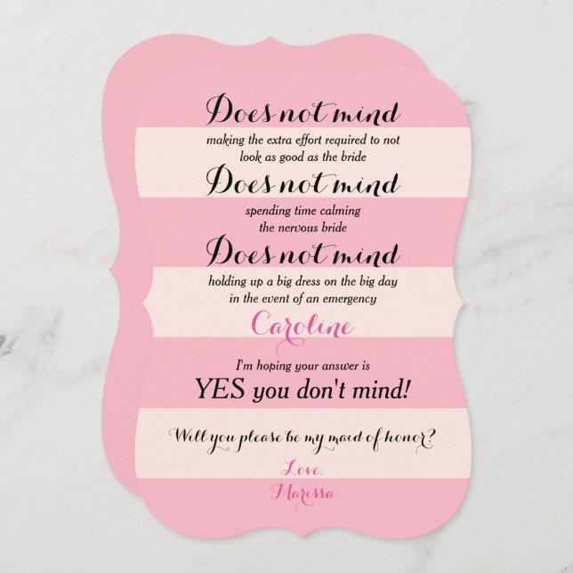 Funny Will You Be My Maid of Honour Rose and Blush Invitation (Front/Back)