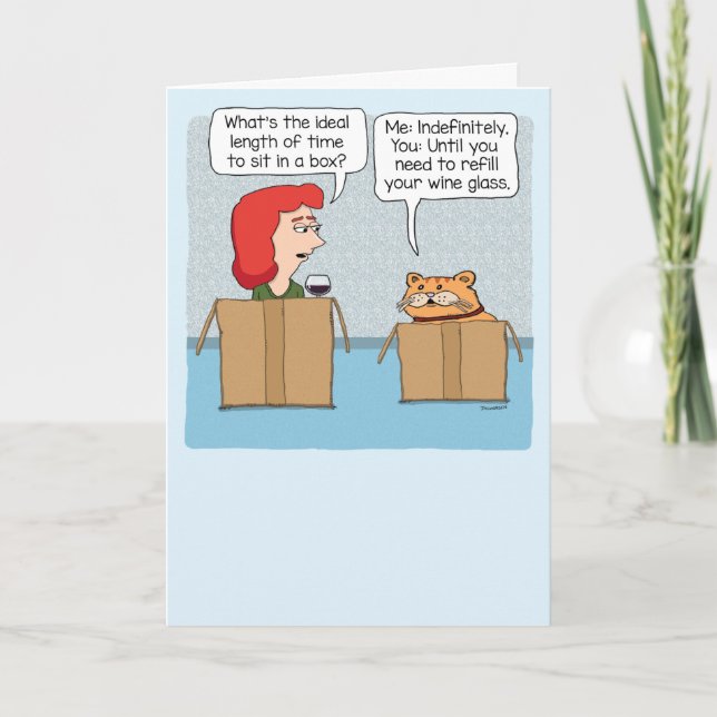 Funny Wine Drinker and Cat Enjoy Box Time Birthday Card (Front)