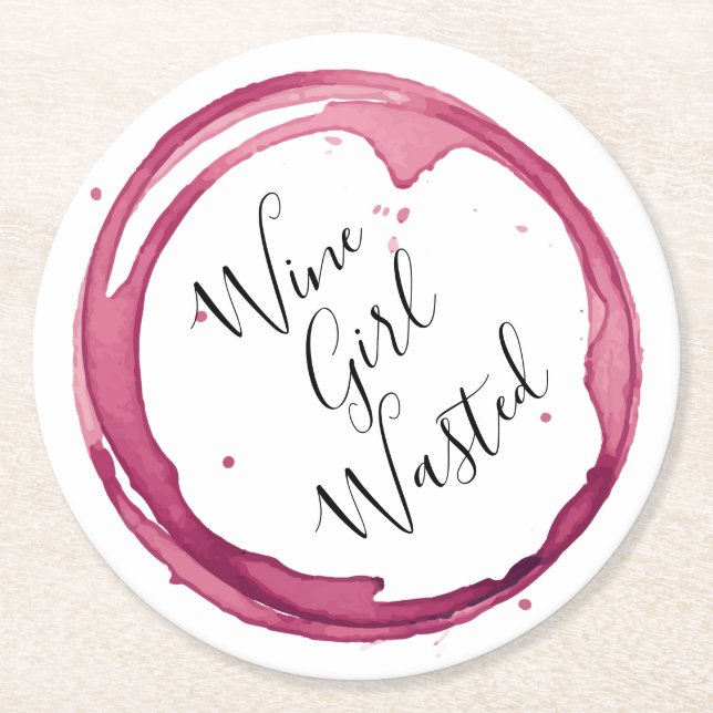 Funny Wine Girl Wasted Round Paper Coaster (Front)