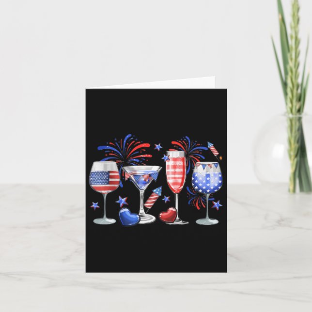 Funny Wine Gl Red White Blue Firework Happy 4th Of Card (Front)