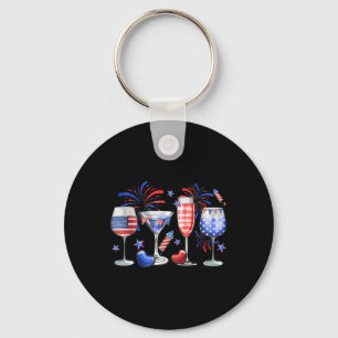 Funny Wine Gl Red White Blue Firework Happy 4th Of Key Ring