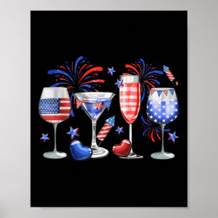 Funny Wine Gl Red White Blue Firework Happy 4th Of Poster