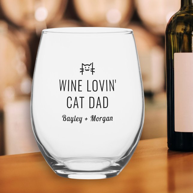 Funny Wine Loving Cat Dad Personalised Names Stemless Wine Glass (Creator Uploaded)