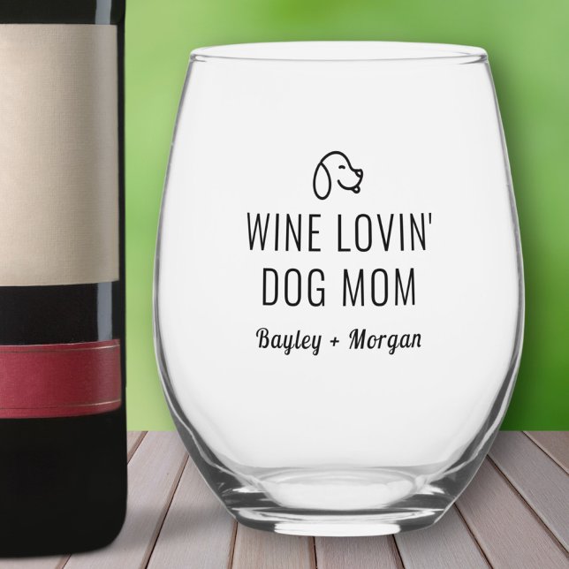 Funny Wine Loving Dog Mum Personalised Names Stemless Wine Glass (Creator Uploaded)