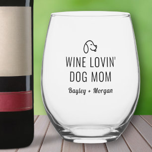 Funny Wine Loving Dog Mum Personalised Names Stemless Wine Glass