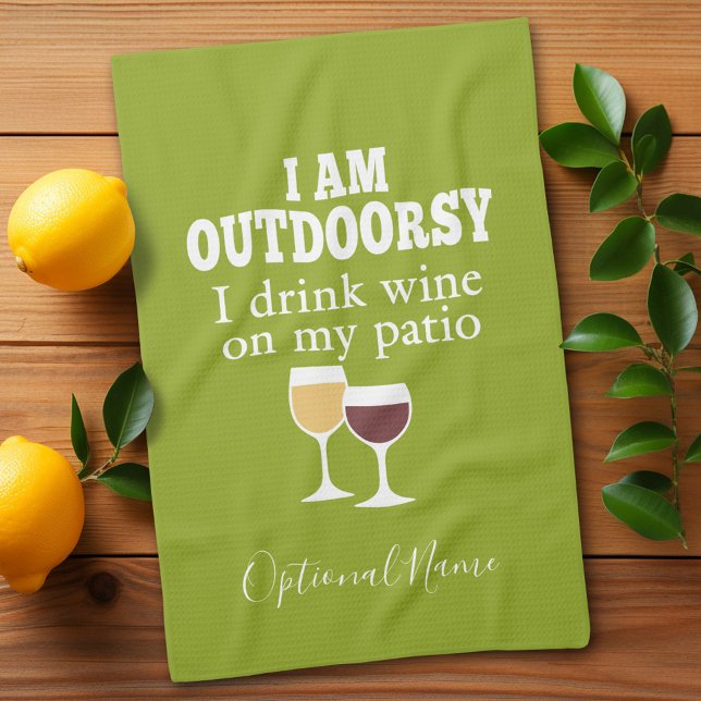 Funny Wine Quote - I drink wine on my patio Tea Towel (Funny yoga and wine drinking kitchen towel - you can personalize with name for a gift)
